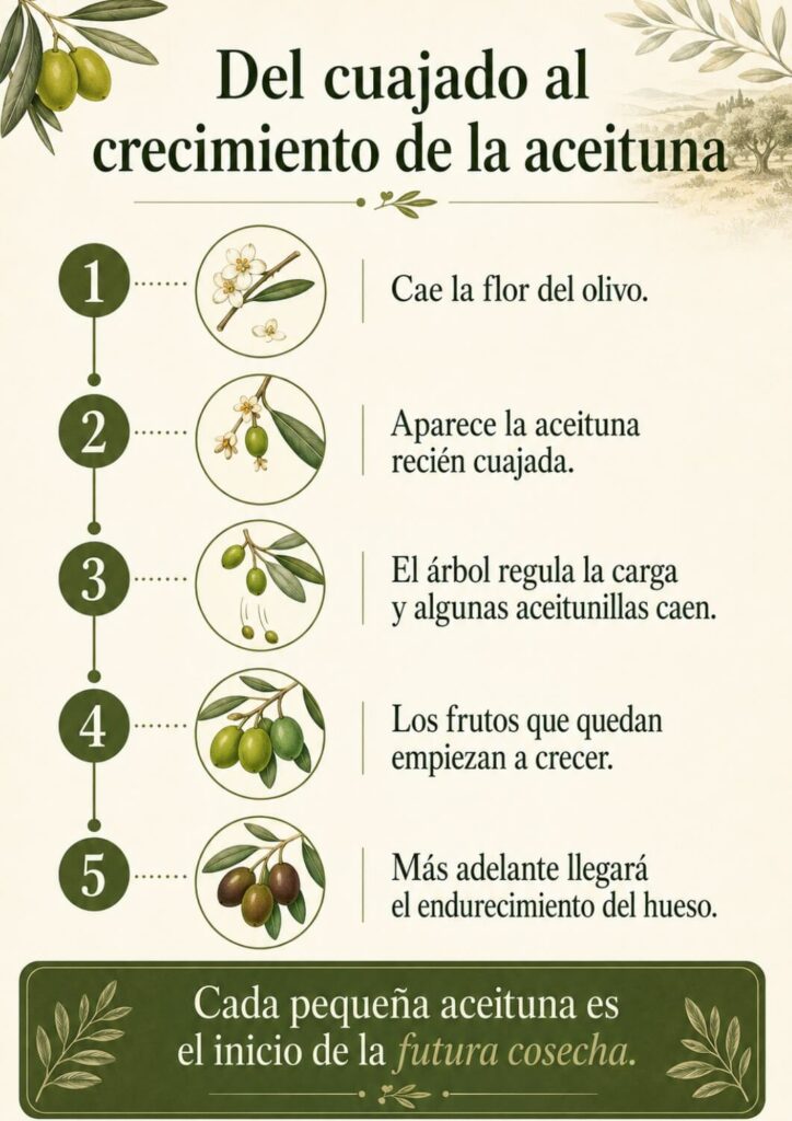 Cuajado de la aceituna: qué pasa cuando aparecen los primeros frutos 2 Qué factores ayudan a un buen cuajado: Cada pequeña aceituna es el inicio de la futura cosecha.